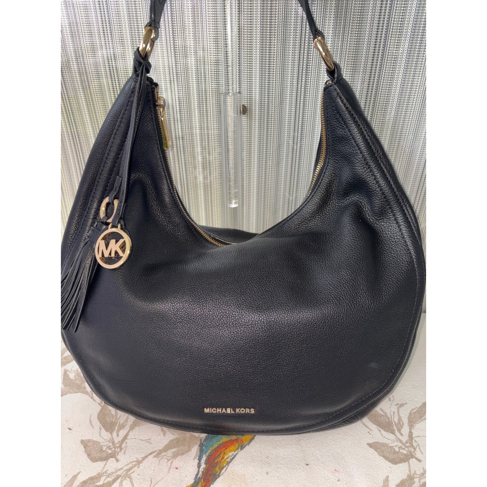 Michael Kors Black Pebbled Leather Hobo Bag Gold Hardware Tassel MK Charm